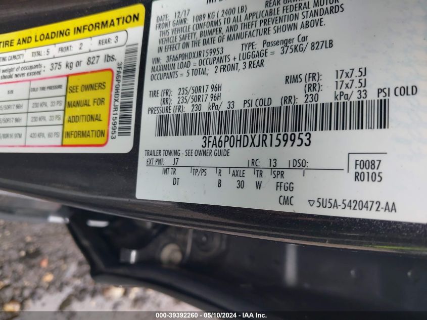 2018 FORD FUSION SE - 3FA6P0HDXJR159953