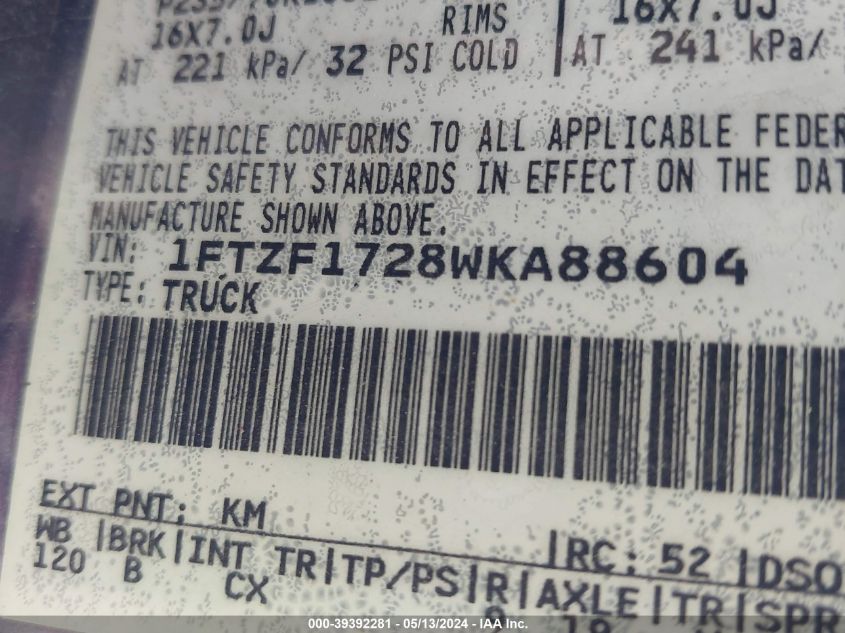 1998 Ford F-150 Standard/Xl/Xlt VIN: 1FTZF1728WKA88604 Lot: 39392281