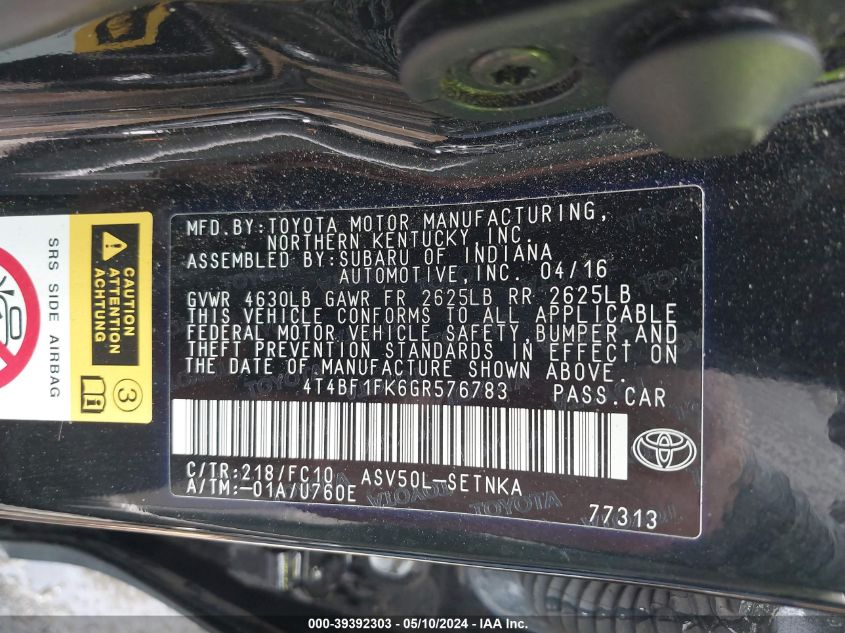 2016 Toyota Camry Le VIN: 4T4BF1FK6GR576783 Lot: 39392303