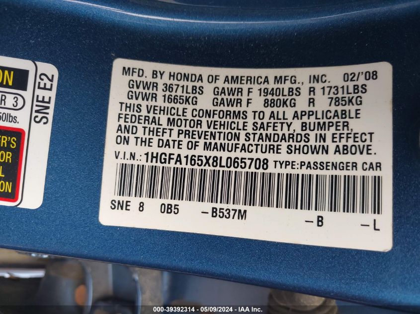 2008 Honda Civic Lx VIN: 1HGFA165X8L065708 Lot: 39392314