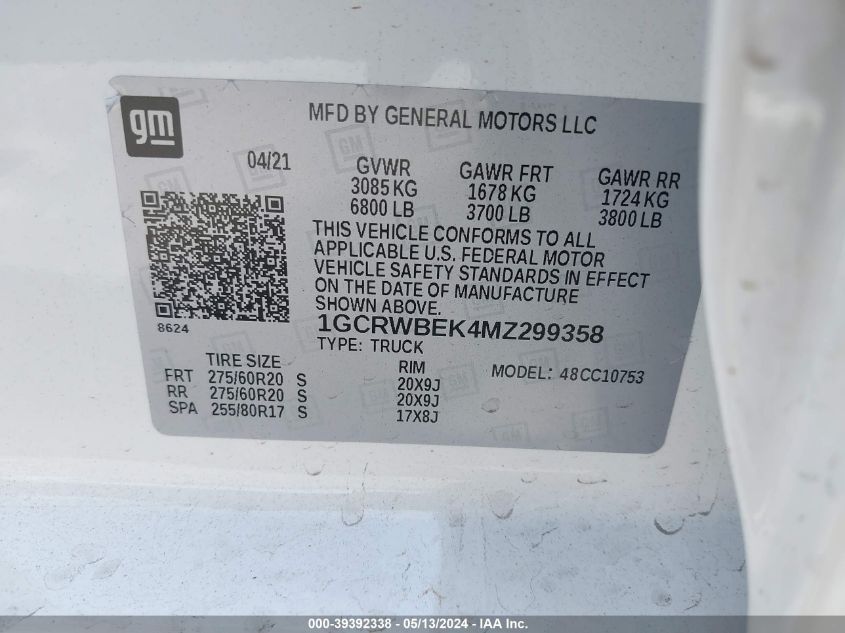 2021 Chevrolet Silverado 1500 2Wd Double Cab Standard Bed Custom VIN: 1GCRWBEK4MZ299358 Lot: 39392338