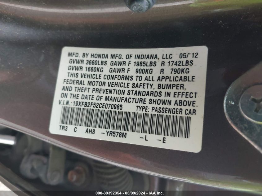 2012 Honda Civic Lx VIN: 19XFB2F52CE070985 Lot: 39392354