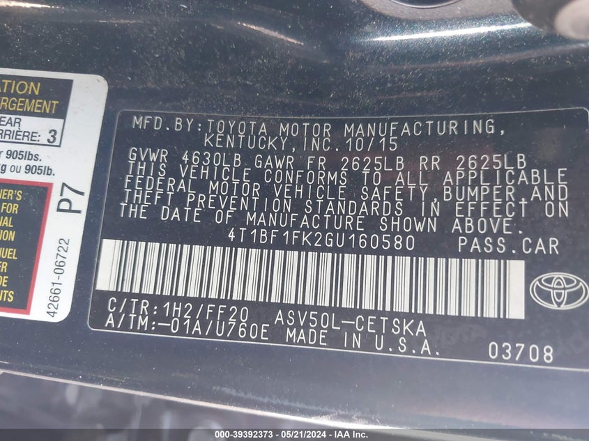 2016 Toyota Camry Se VIN: 4T1BF1FK2GU160580 Lot: 39392373