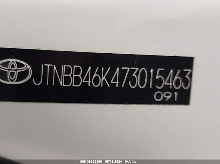2007 Toyota Camry Hybrid VIN: JTNBB46K473015463 Lot: 39392390