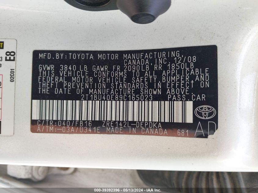 2009 Toyota Corolla Le VIN: 2T1BU40E89C165023 Lot: 39392396