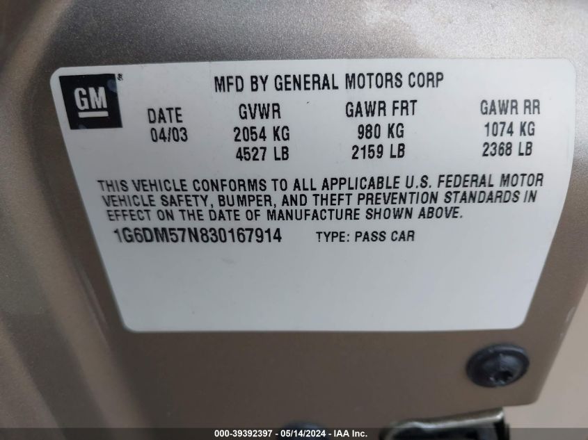 2003 Cadillac Cts Standard VIN: 1G6DM57N830167914 Lot: 39392397