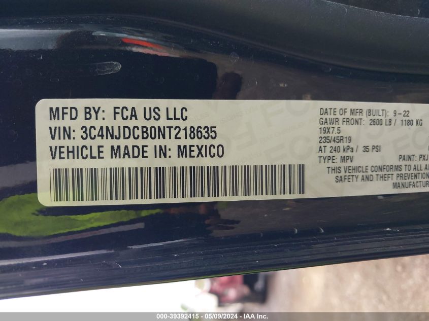 2022 Jeep Compass High Altitude 4X4 VIN: 3C4NJDCB0NT218635 Lot: 39392415