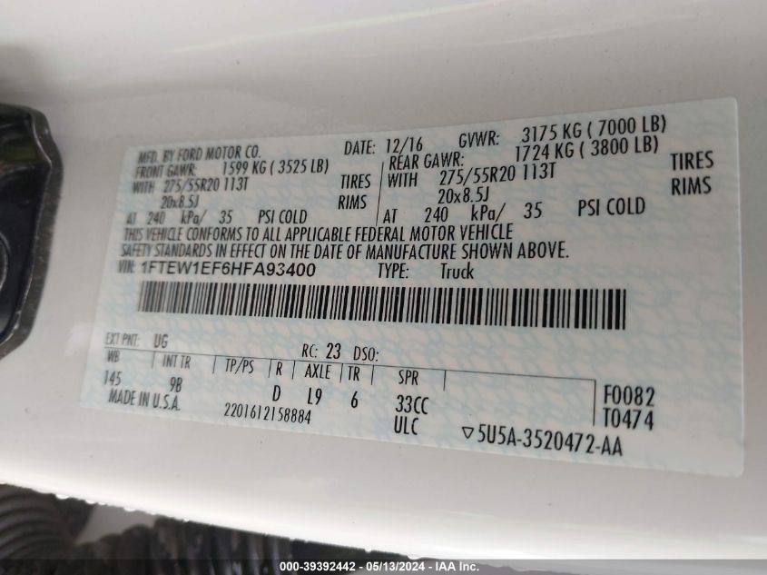 2017 Ford F-150 Platinum VIN: 1FTEW1EF6HFA93400 Lot: 39392442