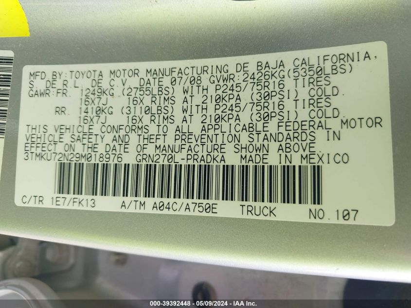 2009 Toyota Tacoma Prerunner V6 VIN: 3TMKU72N29M018976 Lot: 39392448