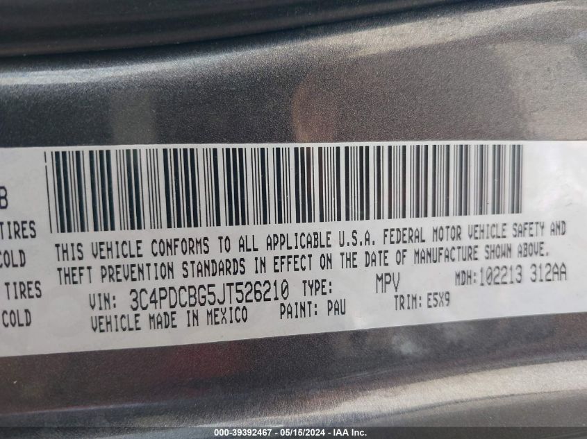 2018 Dodge Journey Sxt VIN: 3C4PDCBG5JT526210 Lot: 39392467