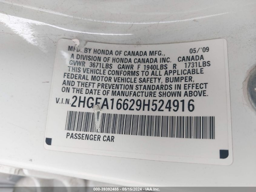 2009 Honda Civic Lx-S VIN: 2HGFA16629H524916 Lot: 39392485