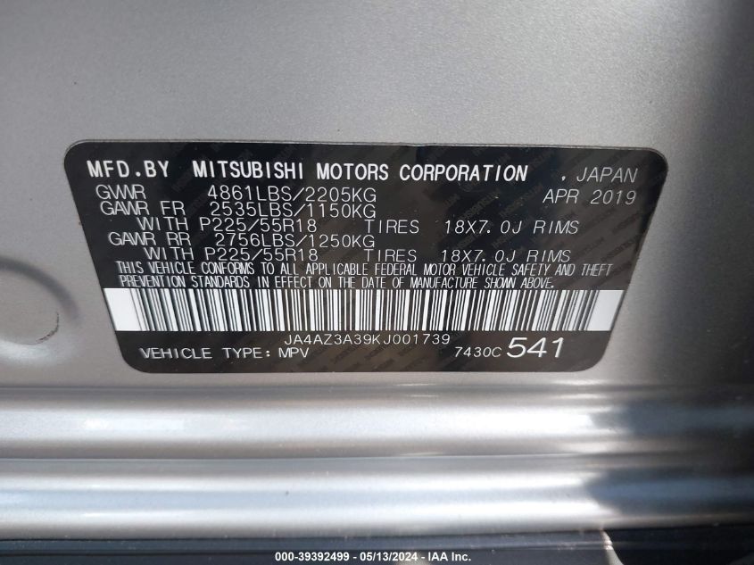 2019 Mitsubishi Outlander Se VIN: JA4AZ3A39KJ001739 Lot: 39392499