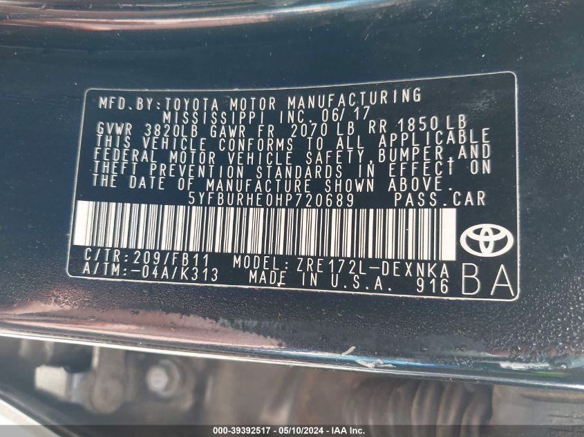 2017 Toyota Corolla Le VIN: 5YFBURHE0HP720689 Lot: 39392517