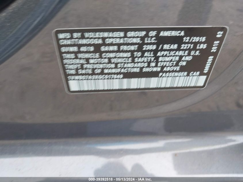 2016 Volkswagen Passat 1.8T Se VIN: 1VWBS7A3XGC017849 Lot: 39392518