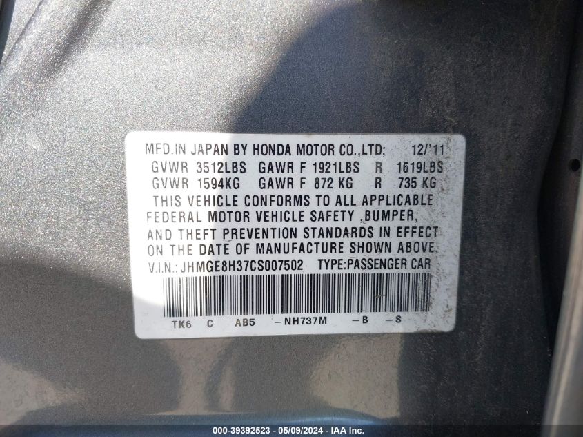 2012 Honda Fit VIN: JHMGE8H37CS007502 Lot: 39392523