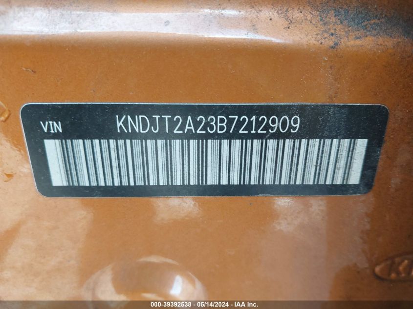 2011 Kia Soul + VIN: KNDJT2A23B7212909 Lot: 39392538