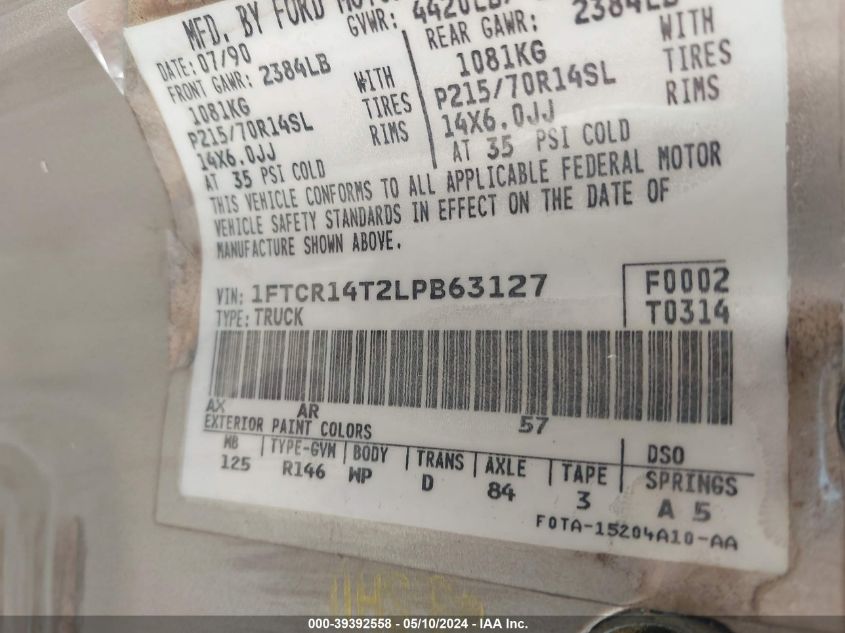1990 Ford Ranger Super Cab VIN: 1FTCR14T2LPB63127 Lot: 39392558