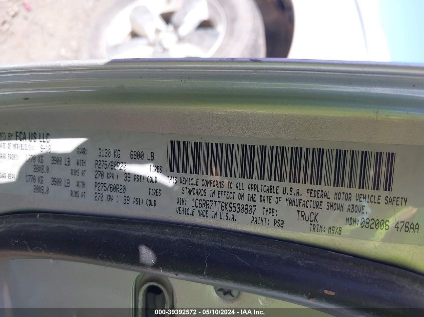 2019 Ram 1500 Classic Big Horn 4X4 6'4 Box VIN: 1C6RR7TT6KS530807 Lot: 39392572