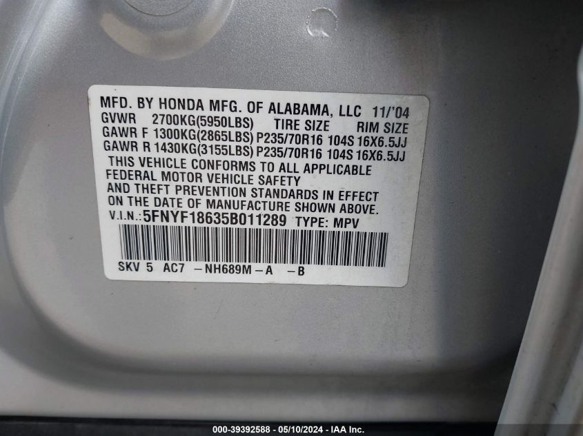 2005 Honda Pilot Ex-L VIN: 5FNYF18635B011289 Lot: 39392588