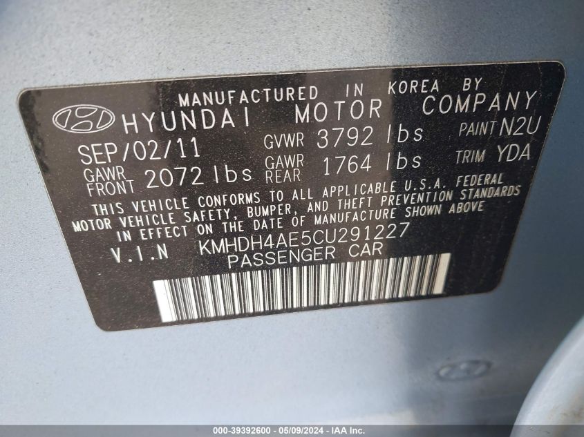 2012 Hyundai Elantra Gls (Ulsan Plant) VIN: KMHDH4AE5CU291227 Lot: 39392600