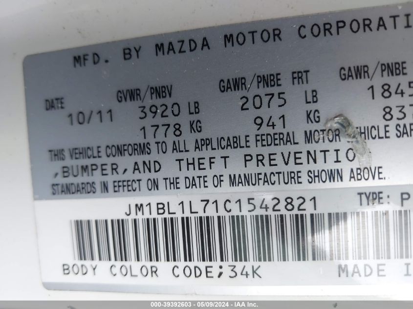 2012 Mazda Mazda3 I Touring VIN: JM1BL1L71C1542821 Lot: 39392603