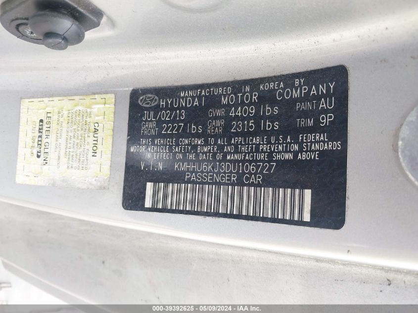 2013 Hyundai Genesis 3.8 Grand Touring VIN: KMHHU6KJ3DU106727 Lot: 39392625