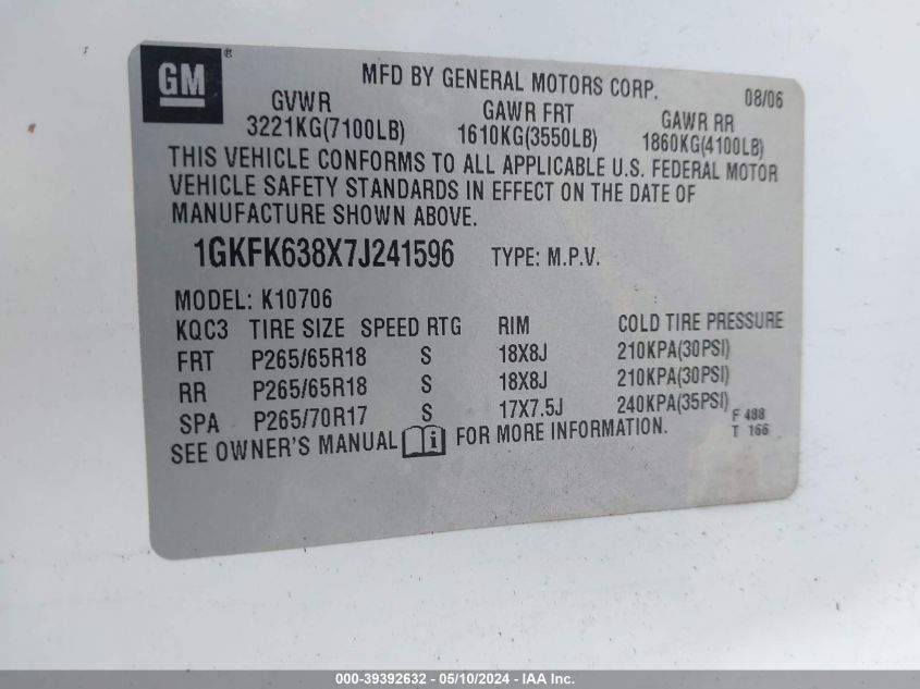 2007 GMC Yukon Denali VIN: 1GKFK638X7J241596 Lot: 39392632