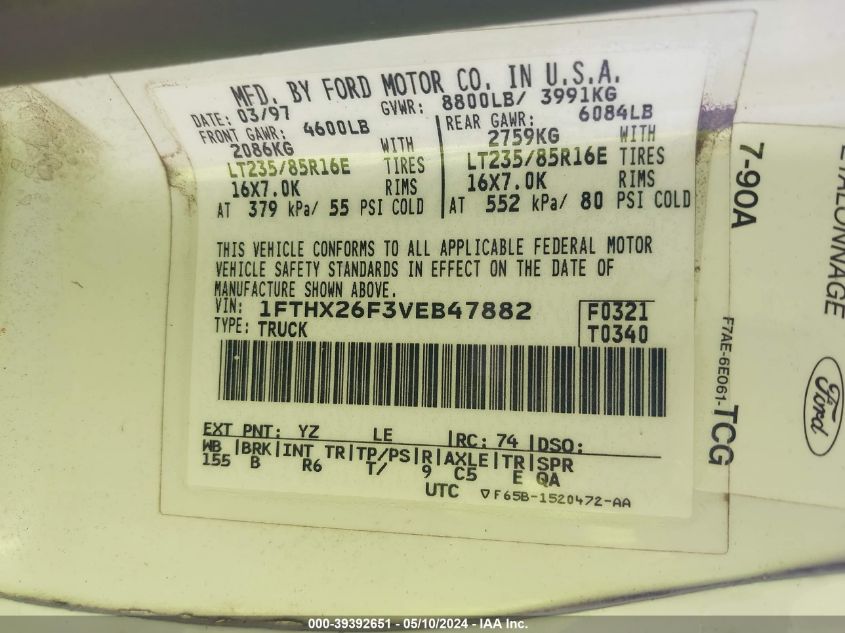 1997 Ford F-250 Xl VIN: 1FTHX26F3VEB47882 Lot: 39392651
