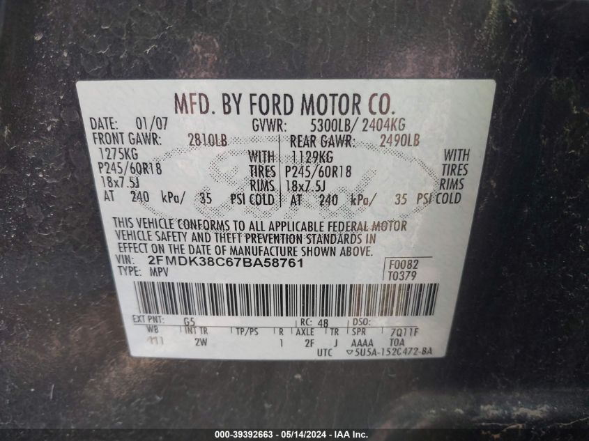 2007 Ford Edge Sel VIN: 2FMDK38C67BA58761 Lot: 39392663