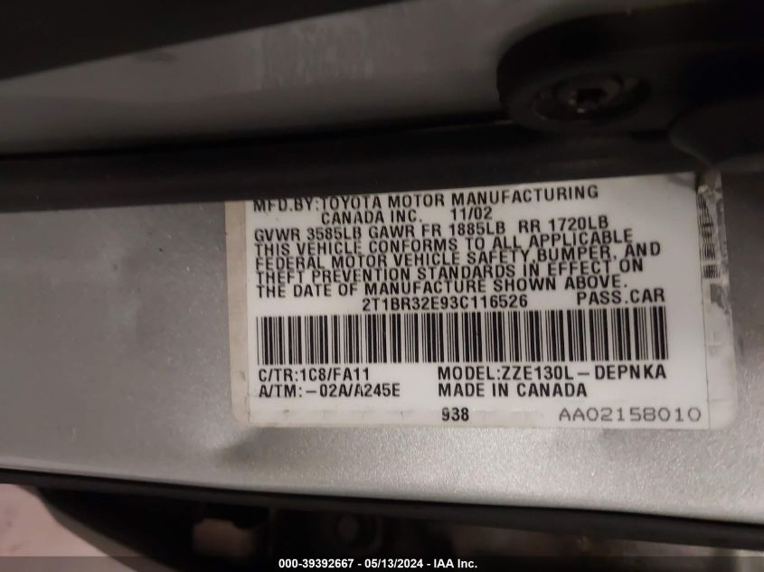 2003 Toyota Corolla Le VIN: 2T1BR32E93C116526 Lot: 39392667