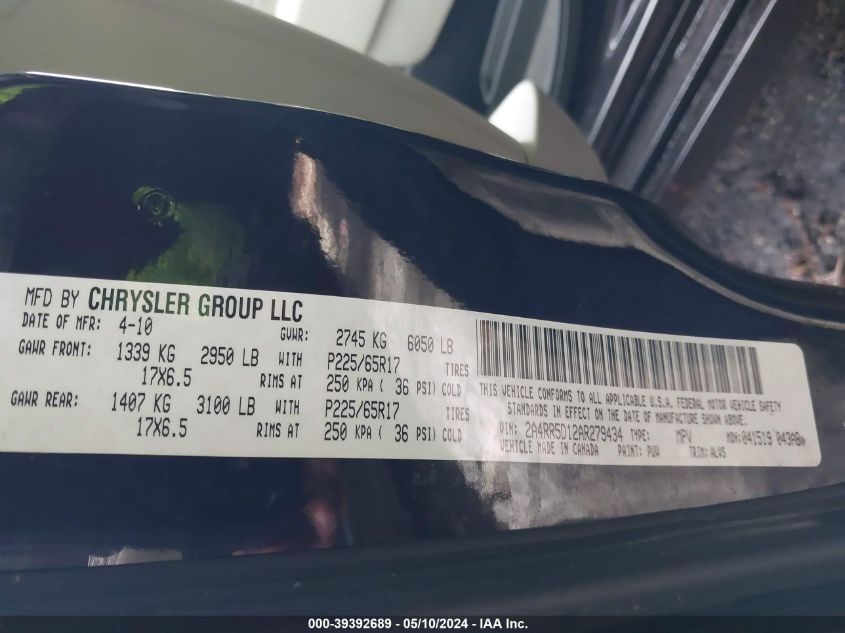 2010 Chrysler Town & Country Touring VIN: 2A4RR5D12AR279434 Lot: 39392689