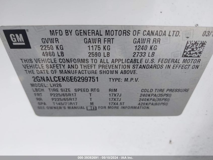 2014 Chevrolet Equinox 2Lt VIN: 2GNALCEK6E6299751 Lot: 39392691