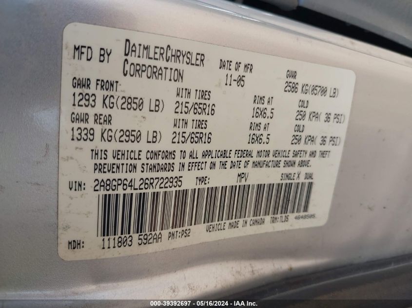 2006 Chrysler Town & Country Limited VIN: 2A8GP64L26R722935 Lot: 39392697