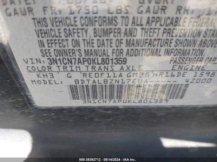 2019 Nissan Versa 1.6 Sv VIN: 3N1CN7AP0KL801359 Lot: 39392712