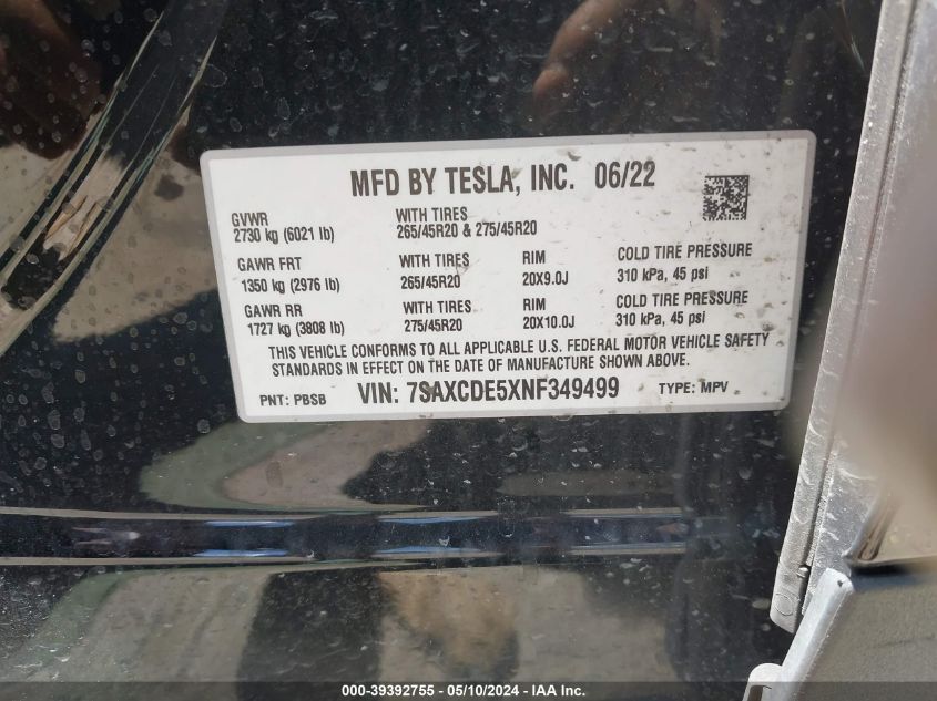 2022 Tesla Model X VIN: 7SAXCDE5XNF349499 Lot: 39392755