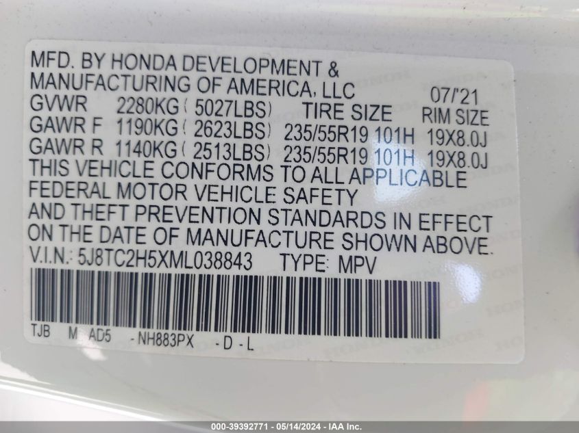 2021 Acura Rdx Technology Package VIN: 5J8TC2H5XML038843 Lot: 39392771