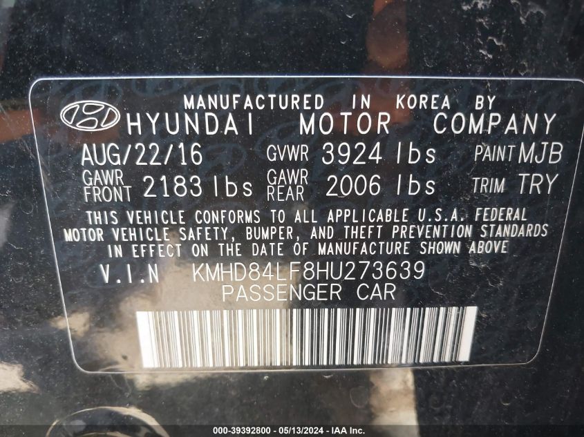 2017 HYUNDAI ELANTRA VALUE EDITION - KMHD84LF8HU273639