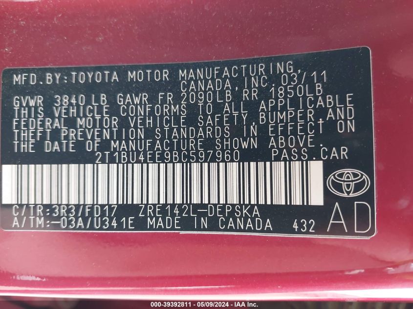 2011 Toyota Corolla S VIN: 2T1BU4EE9BC597960 Lot: 39392811