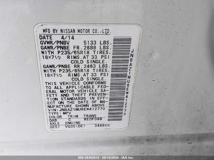 2014 Nissan Murano Sl VIN: JN8AZ1MU6EW412770 Lot: 39392815