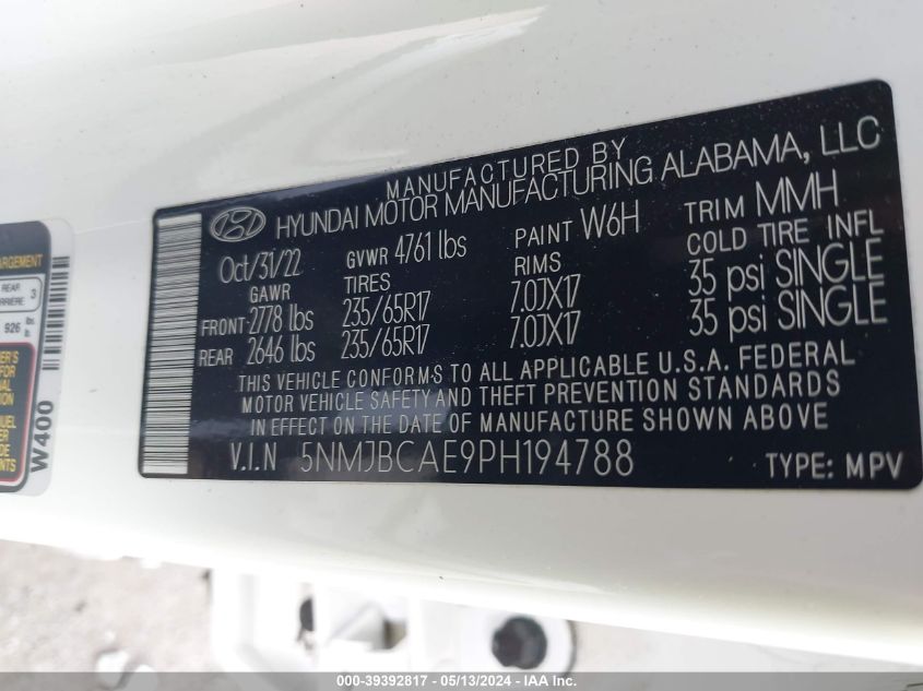 2023 Hyundai Tucson Sel VIN: 5NMJBCAE9PH194788 Lot: 39392817