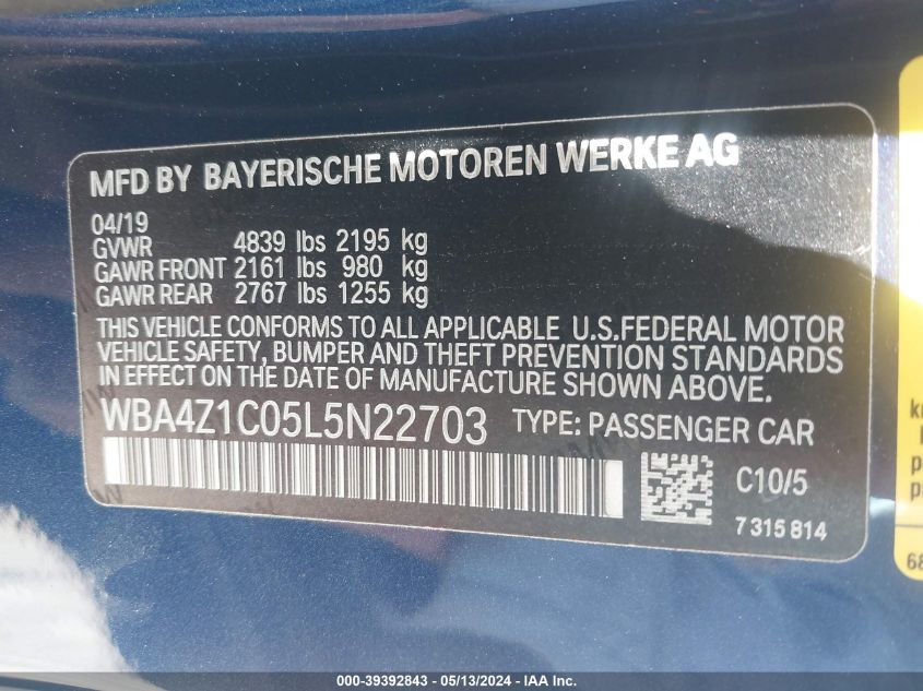 2020 BMW 430I VIN: WBA4Z1C05L5N22703 Lot: 39392843