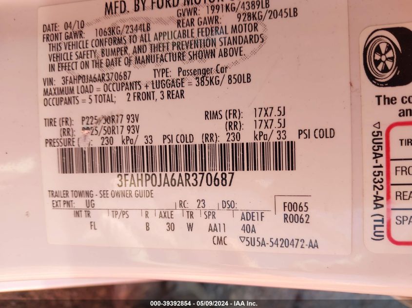 2010 Ford Fusion Sel VIN: 3FAHP0JA6AR370687 Lot: 39392854