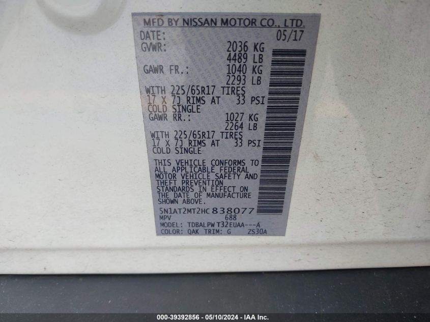 2017 Nissan Rogue S VIN: 5N1AT2MT2HC838077 Lot: 39392856