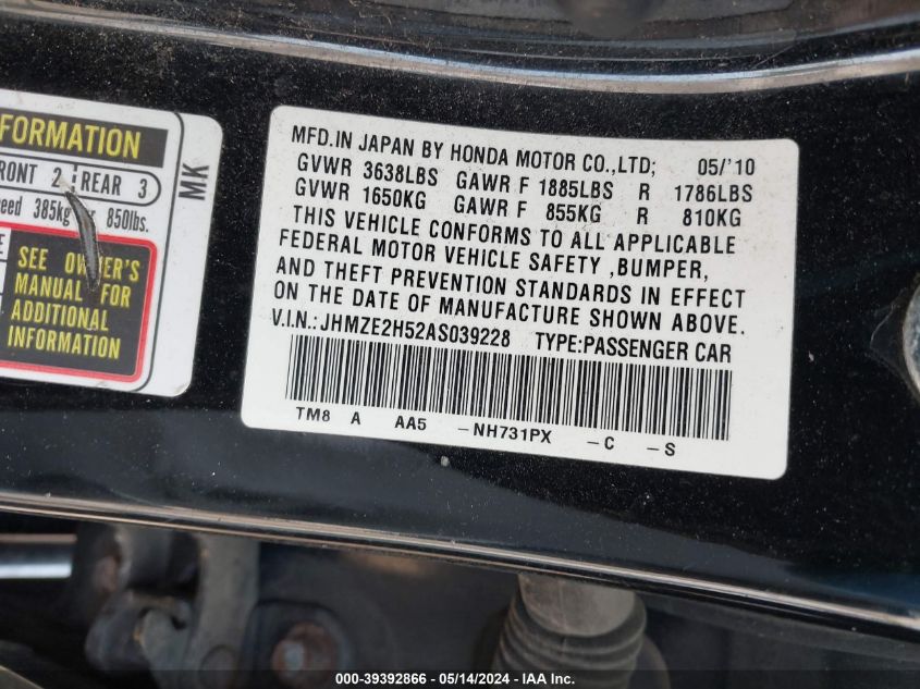 2010 Honda Insight Lx VIN: JHMZE2H52AS039228 Lot: 39392866