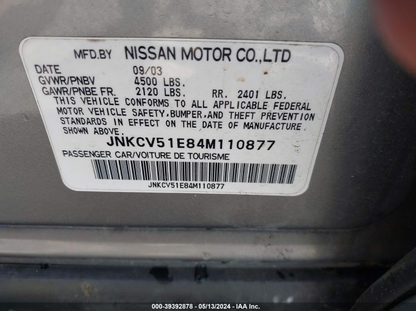 2004 Infiniti G35 VIN: JNKCV51E84M110877 Lot: 39392878