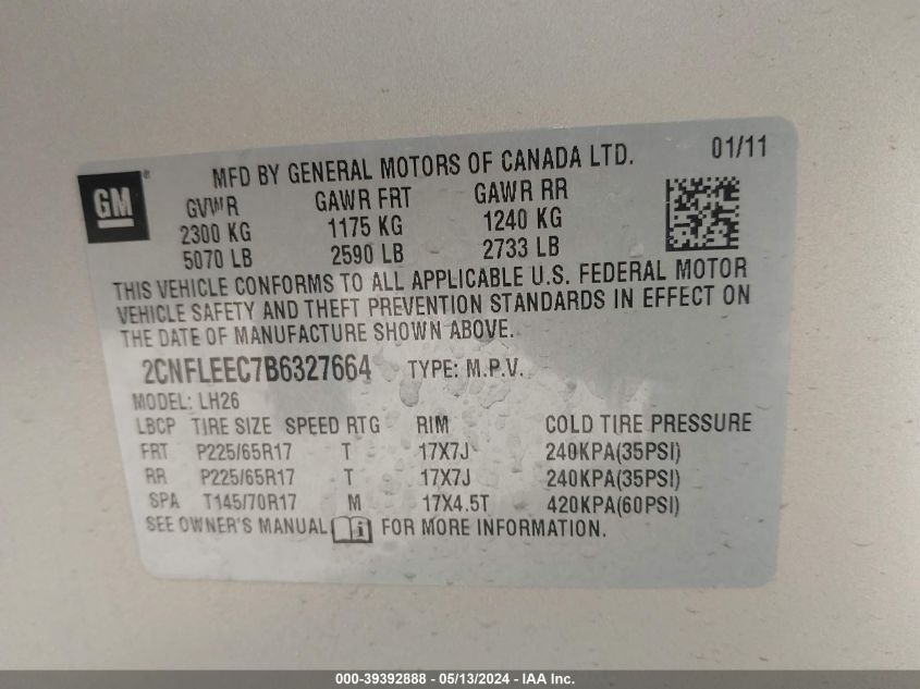 2011 Chevrolet Equinox 1Lt VIN: 2CNFLEEC7B6327664 Lot: 39392888