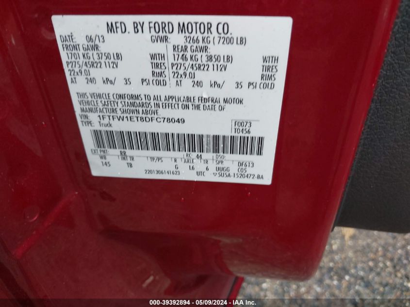 2013 Ford F-150 Limited VIN: 1FTFW1ET8DFC78049 Lot: 39392894