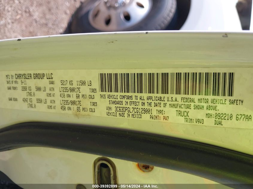 2012 Ram 3500 St VIN: 3C63DPGL7CG129001 Lot: 39392899