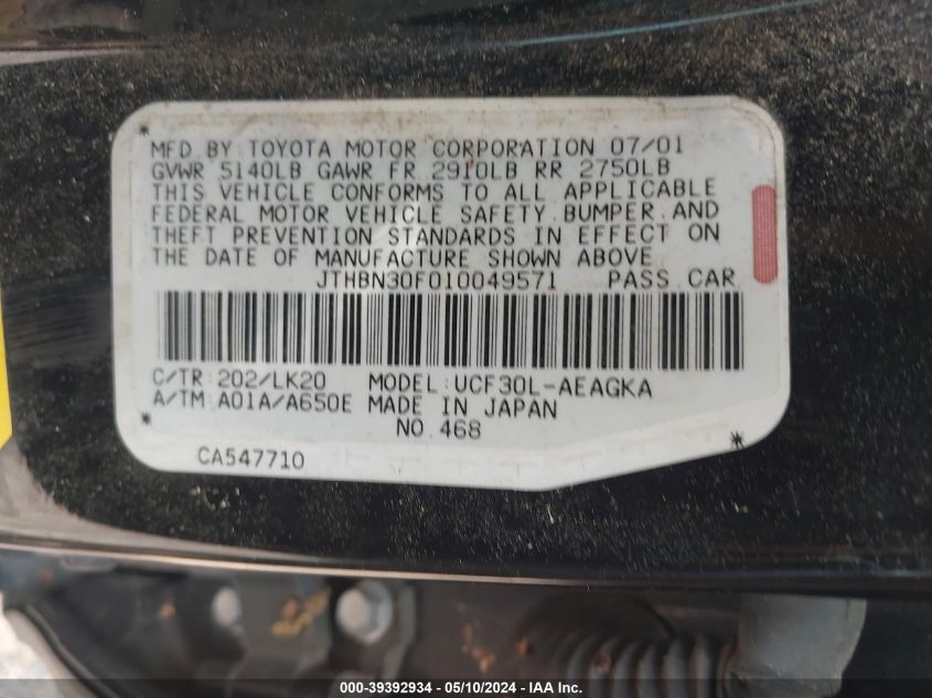 2001 Lexus Ls 430 VIN: JTHBN30F010049571 Lot: 39392934