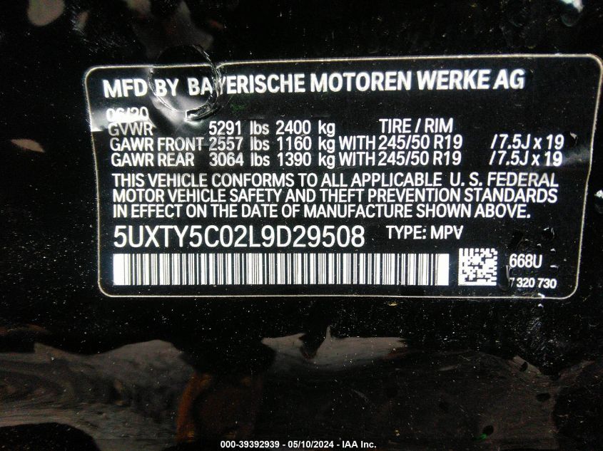 2020 BMW X3 xDrive30I VIN: 5UXTY5C02L9D29508 Lot: 39392939